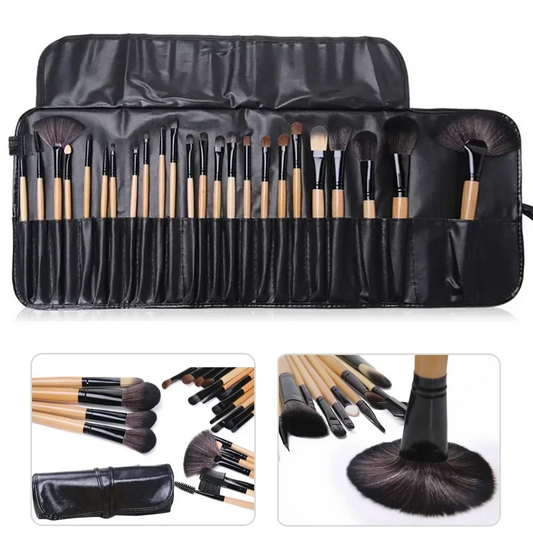 Detailed guide of the 24-piece professional makeup brush set showing each specialized tool from fan to liner brushes.