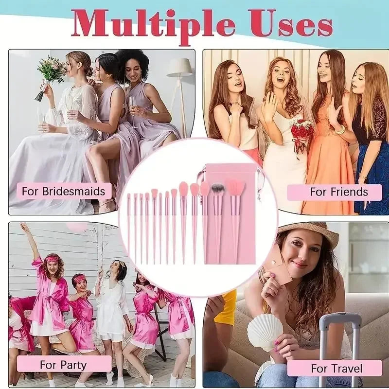 Professional 13-piece pink makeup brush set showing multiple uses for bridesmaids, travel, and parties.