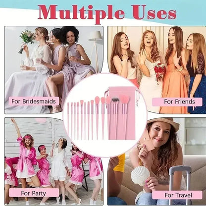 Professional 13-piece pink makeup brush set showing multiple uses for bridesmaids, travel, and parties.