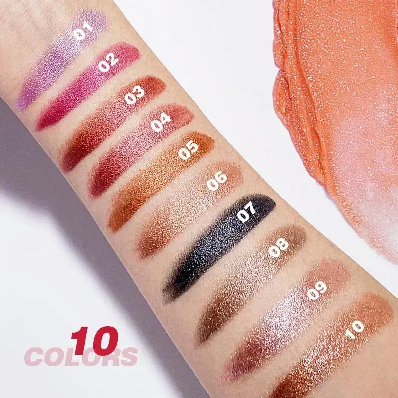 Arm swatches showing 10 professional shades of Pudaier shimmery metallic diamond lipstick.