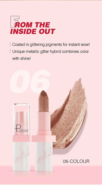 Pudaier lipstick tube showing the glitter-coated texture and a metallic bronze pigment swatch.