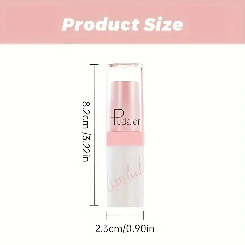Product size diagram of the Pudaier glitter lipstick showing dimensions of 8.2cm by 2.3cm.