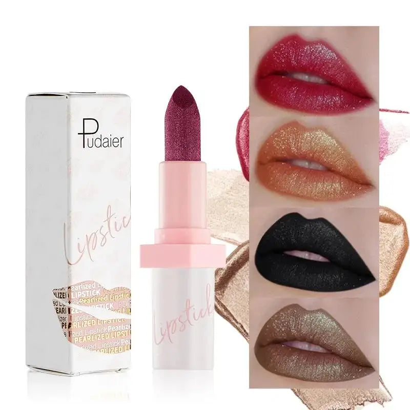 Pudaier diamond lipstick tube next to various lip demonstrations including red, gold, black, and bronze glitter finishes.