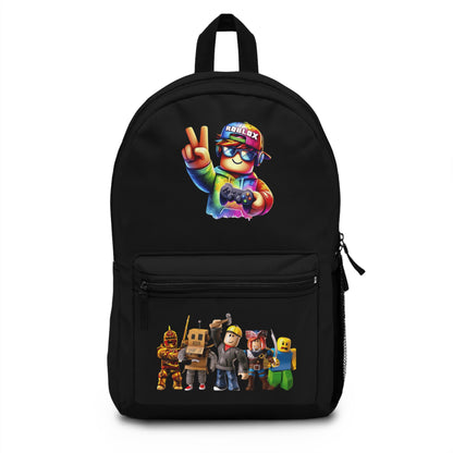 Front view of black personalized Roblox backpack with gamer design at dobermenpremier.com