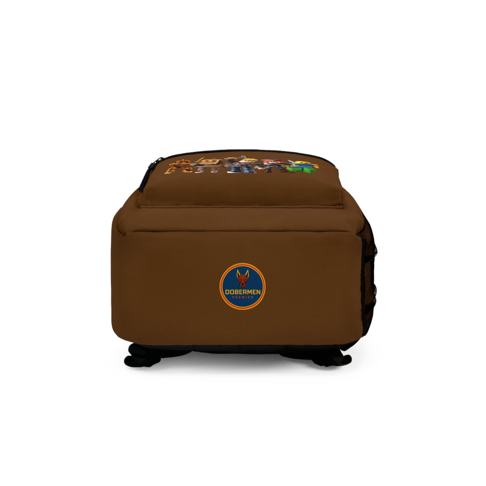 Bottom view of brown Roblox backpack with Dobermen Premier logo at dobermenpremier.com