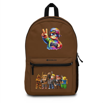Front view of brown personalized Roblox backpack with gamer design at dobermenpremier.com