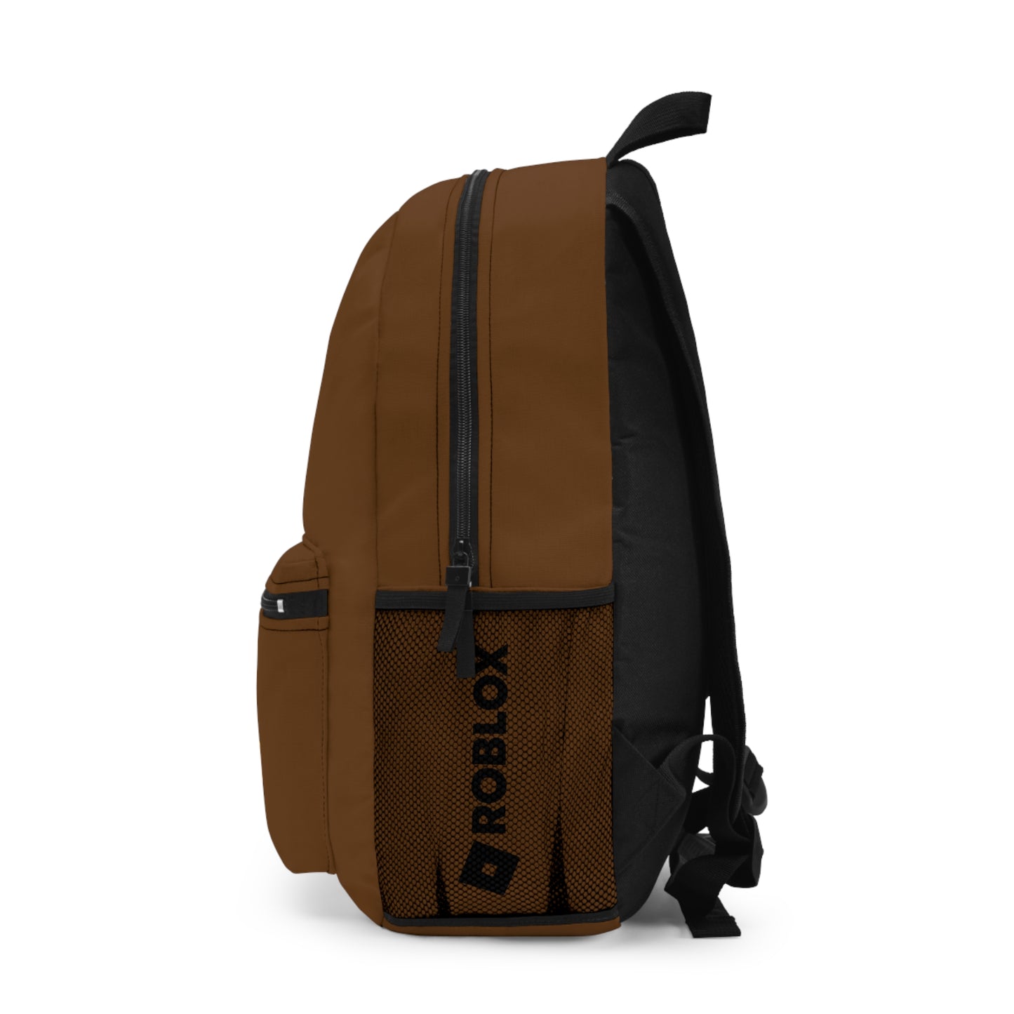 Side view of brown Roblox backpack showing mesh pocket and logo at dobermenpremier.com