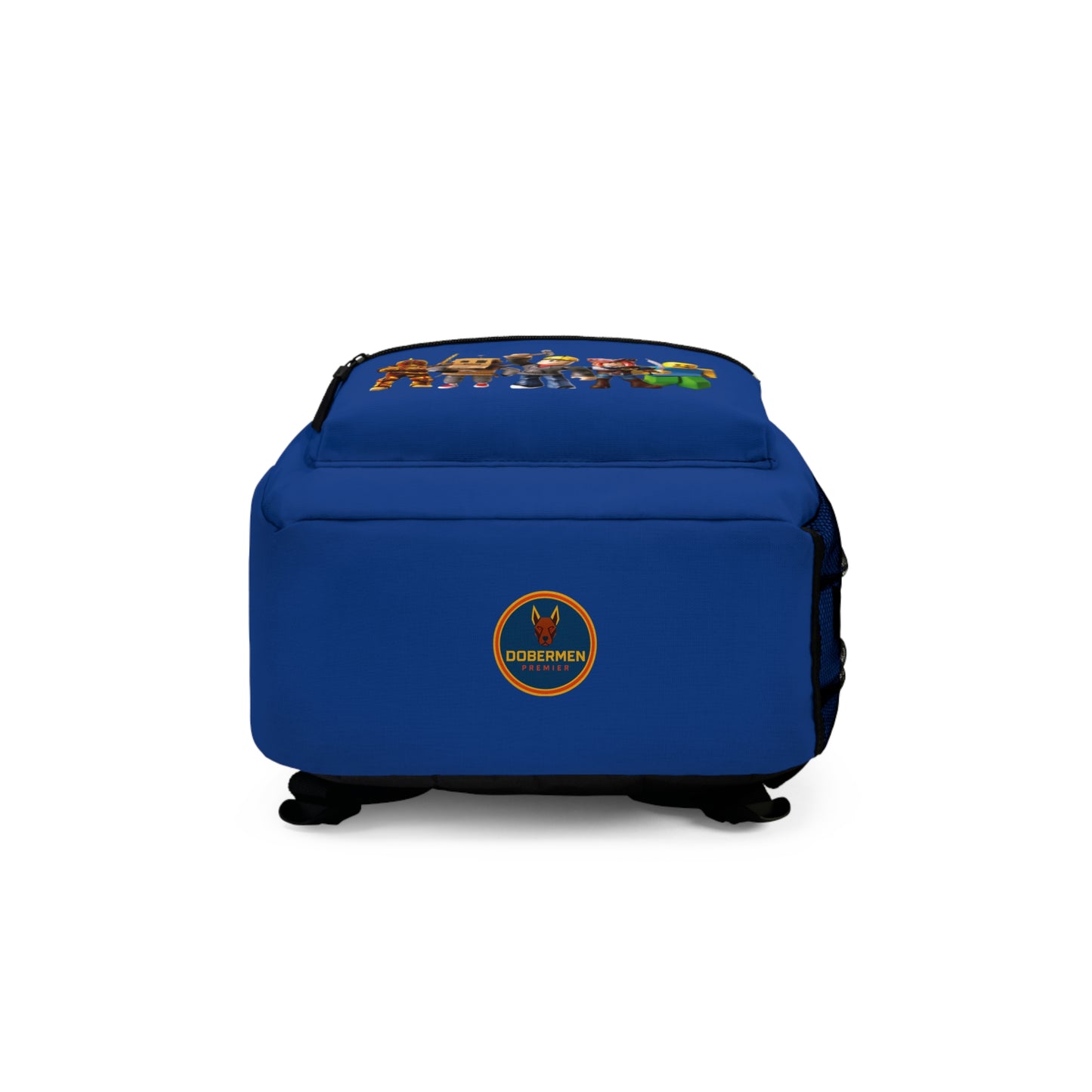 Bottom view of dark blue Roblox backpack with Dobermen Premier logo at dobermenpremier.com