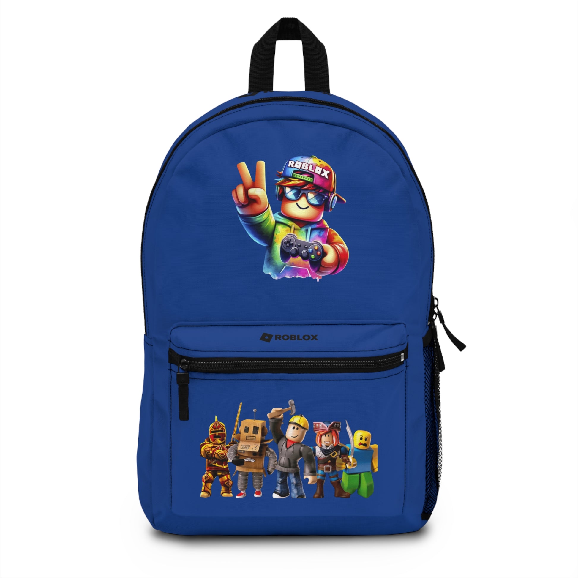 Front view of dark blue personalized Roblox backpack with gamer design at dobermenpremier.com