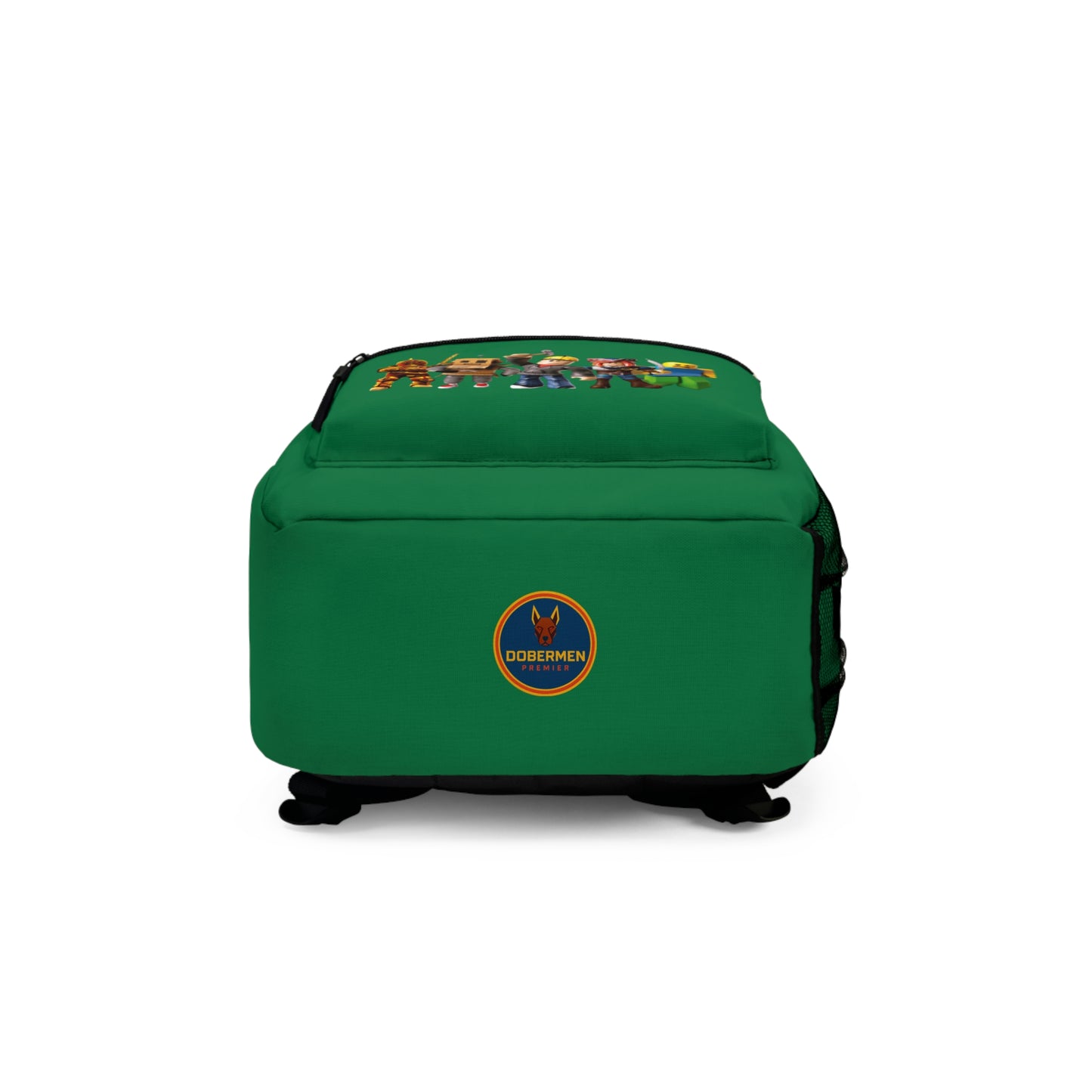 Bottom view of dark green Roblox backpack with Dobermen Premier logo at dobermenpremier.com