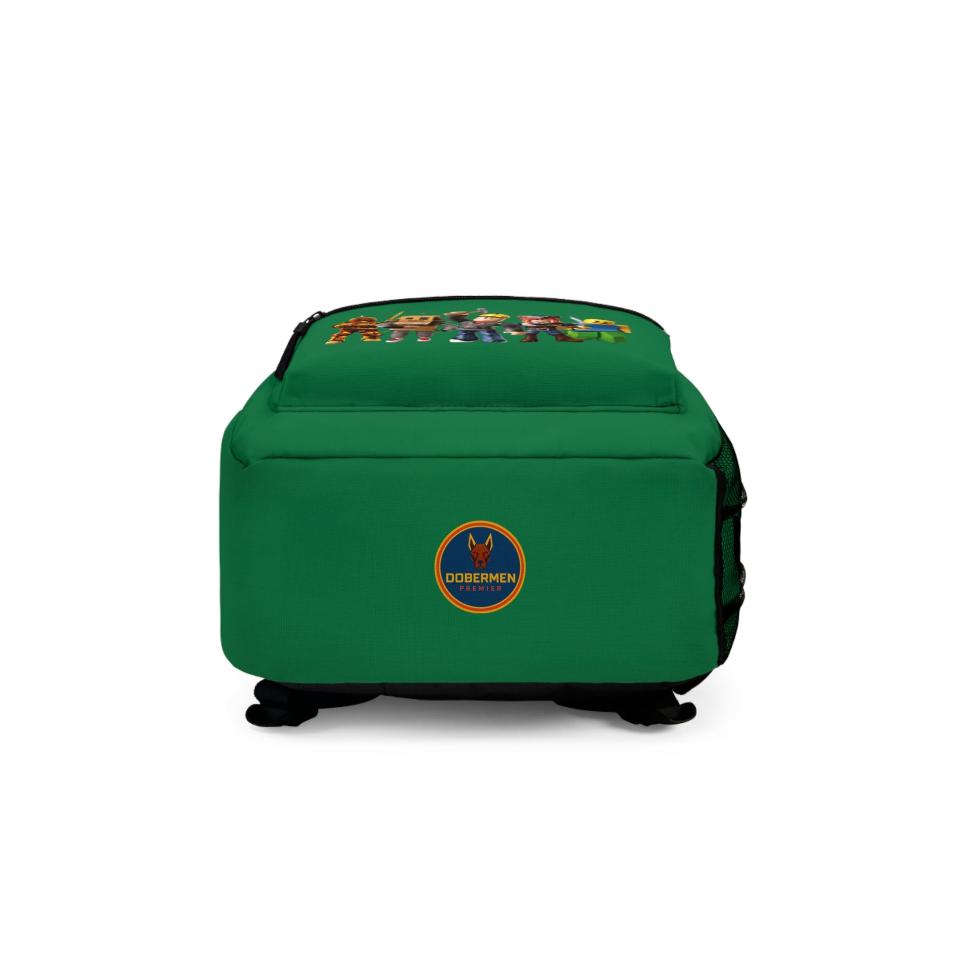 Bottom view of dark green Roblox backpack with Dobermen Premier logo at dobermenpremier.com