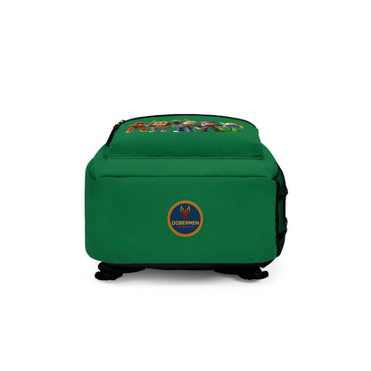 Bottom view of dark green Roblox backpack with Dobermen Premier logo at dobermenpremier.com