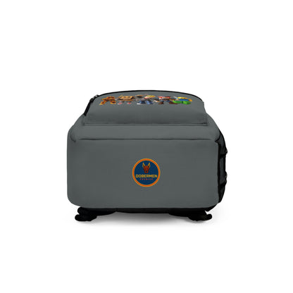 Bottom view of dark grey Roblox backpack with Dobermen Premier logo at dobermenpremier.com