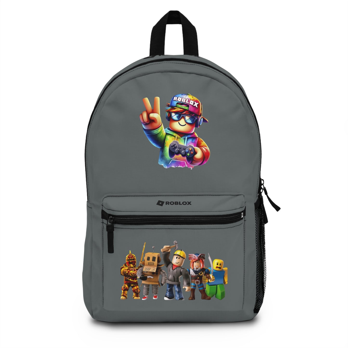 Front view of dark grey personalized Roblox backpack with gamer design at dobermenpremier.com