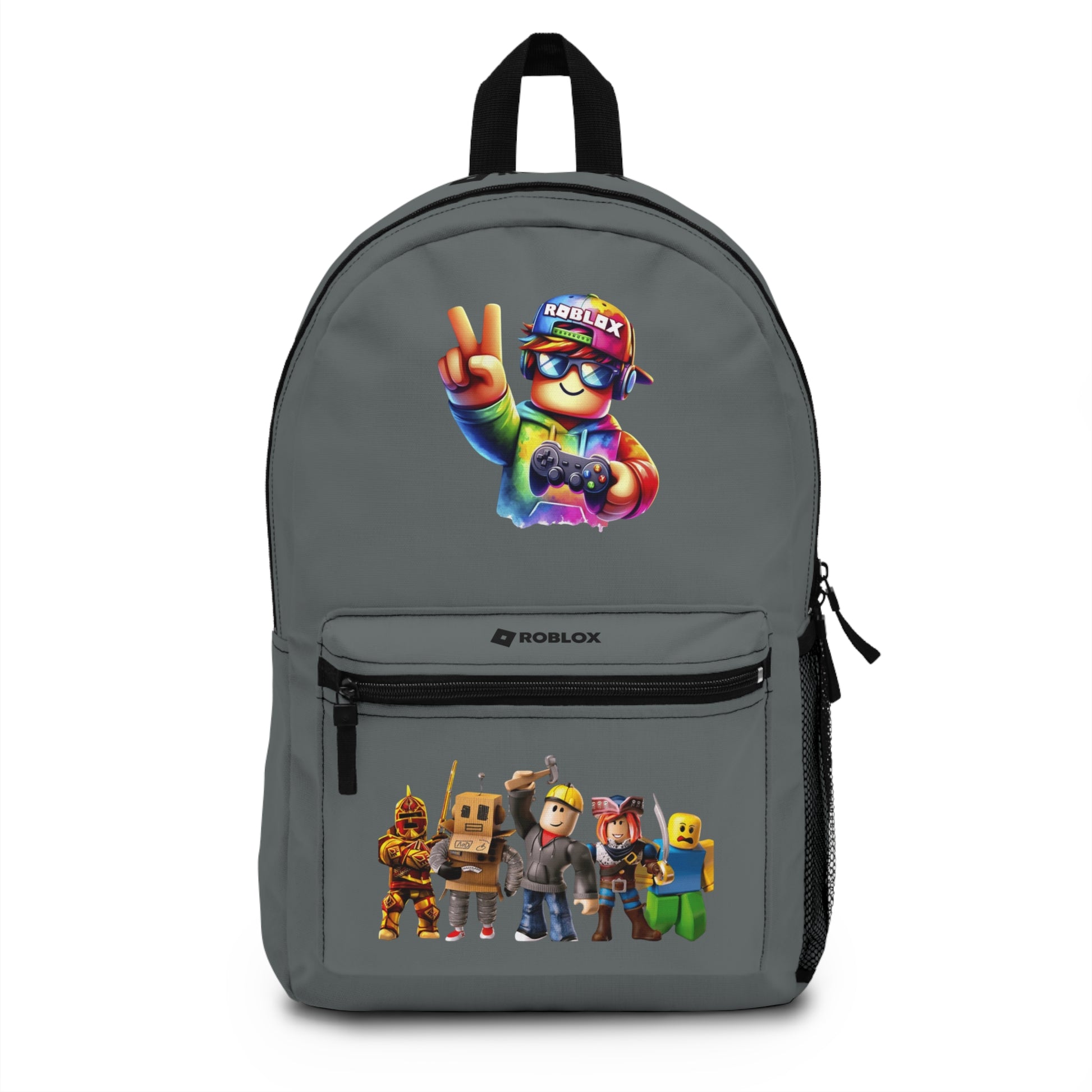 Front view of dark grey personalized Roblox backpack with gamer design at dobermenpremier.com