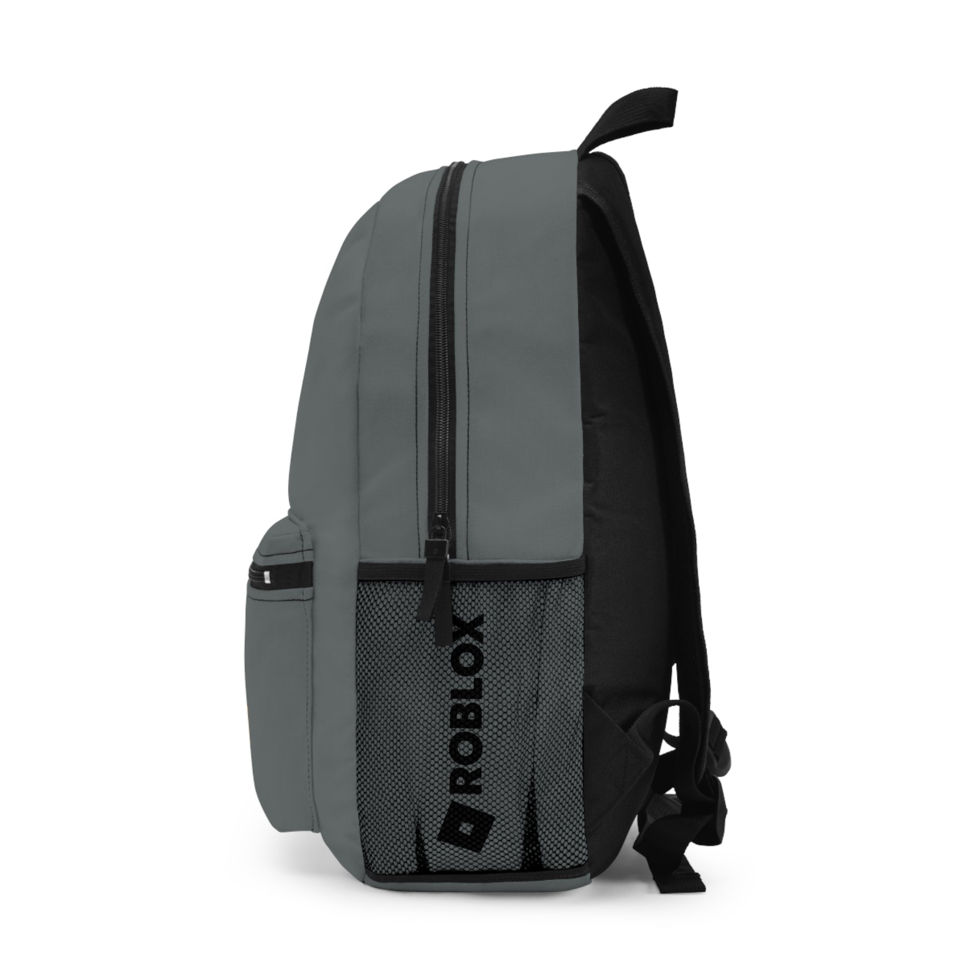 Side view of dark grey Roblox backpack showing mesh pocket and logo at dobermenpremier.com