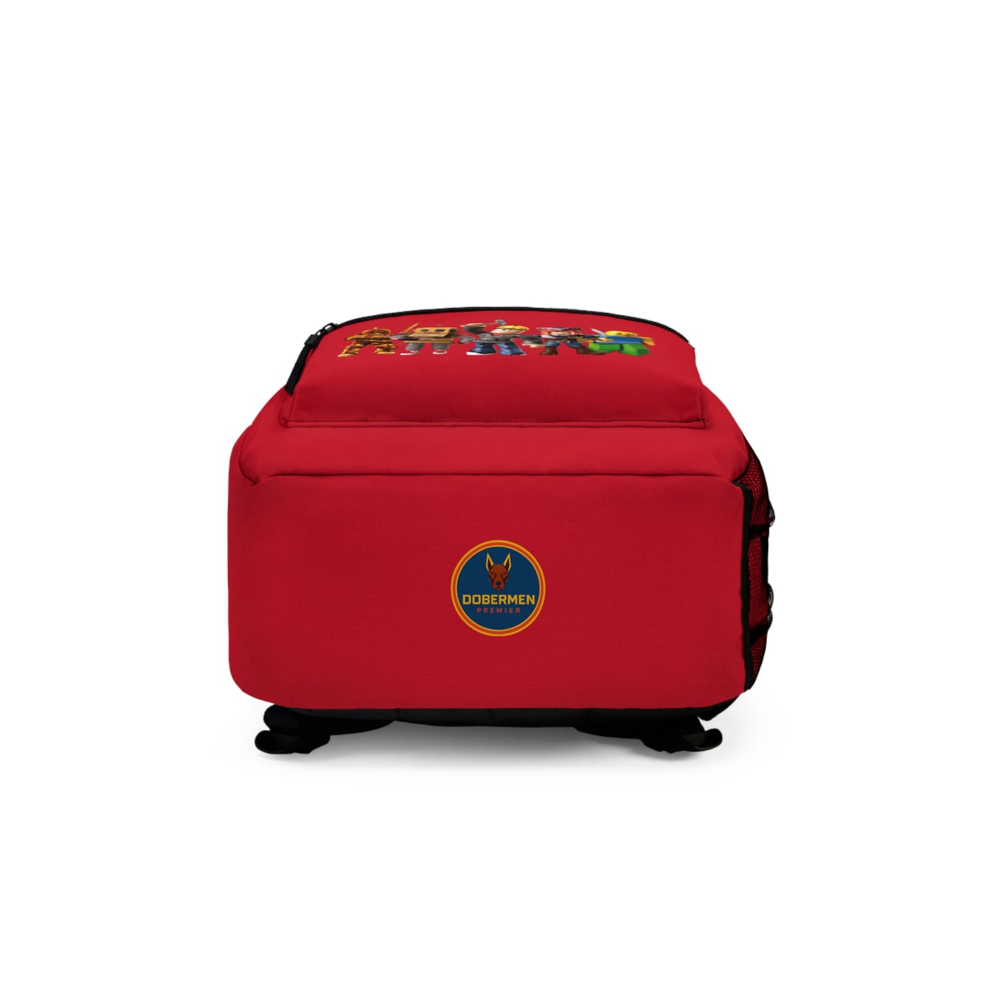 Bottom view of dark red Roblox backpack with Dobermen Premier logo at dobermenpremier.com