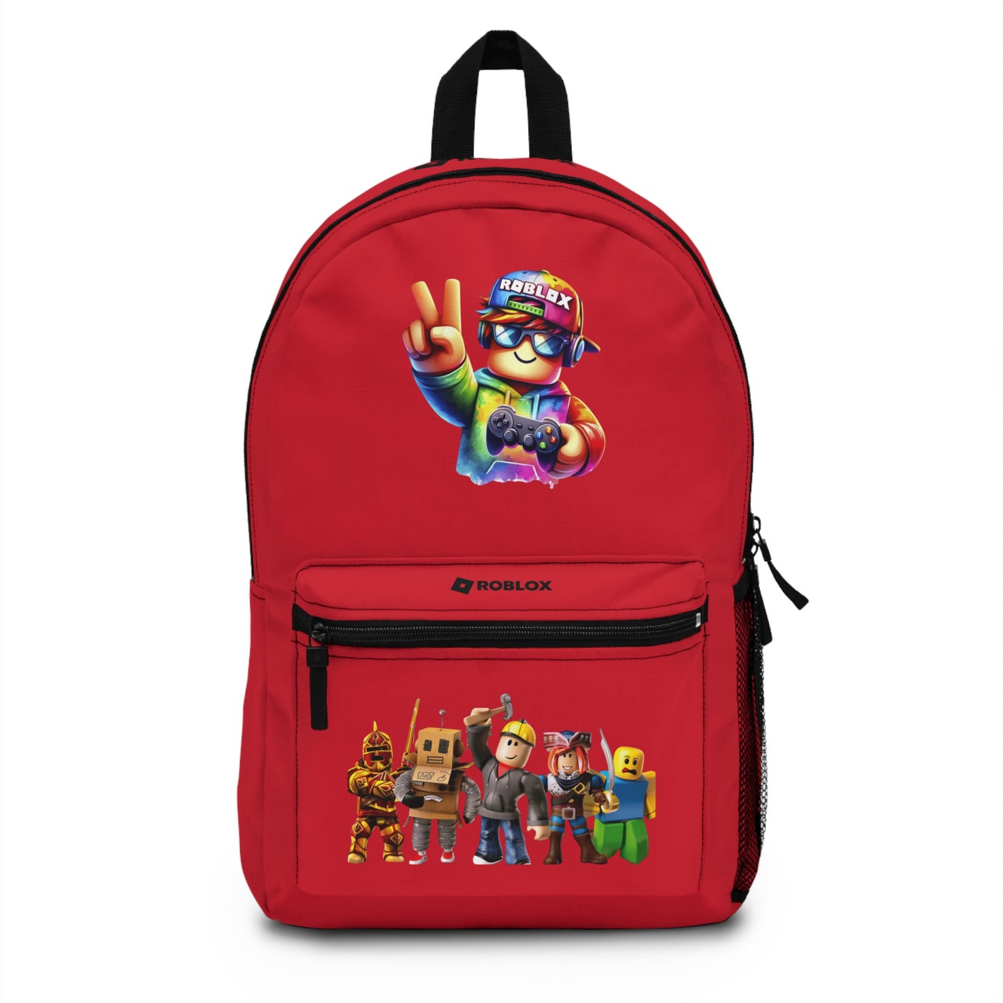 Front view of dark red personalized Roblox backpack with gamer design at dobermenpremier.com