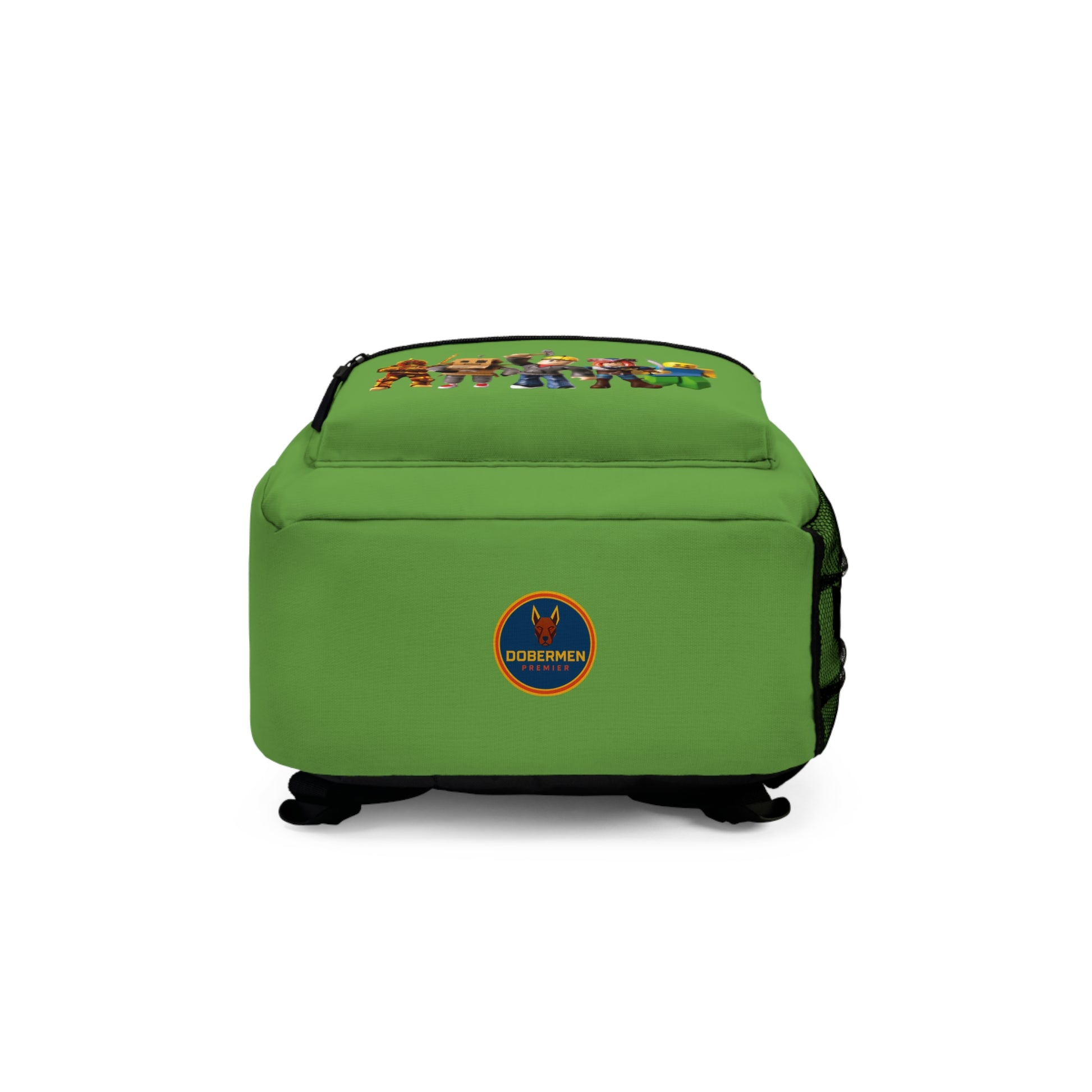 Bottom view of green Roblox backpack with Dobermen Premier logo at dobermenpremier.com