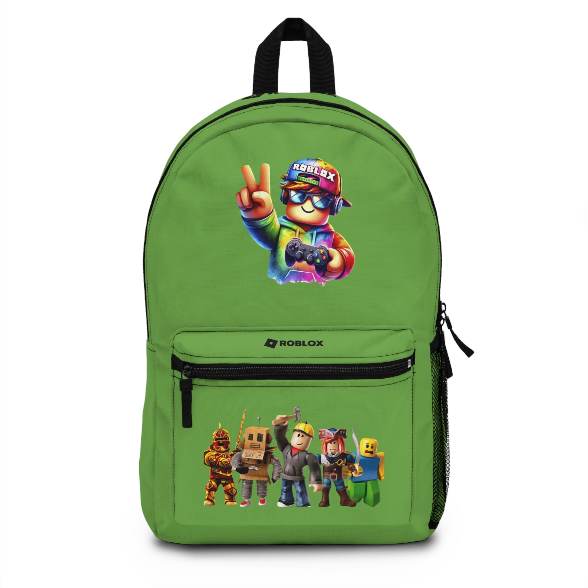 Front view of green personalized Roblox backpack with gamer design at dobermenpremier.com