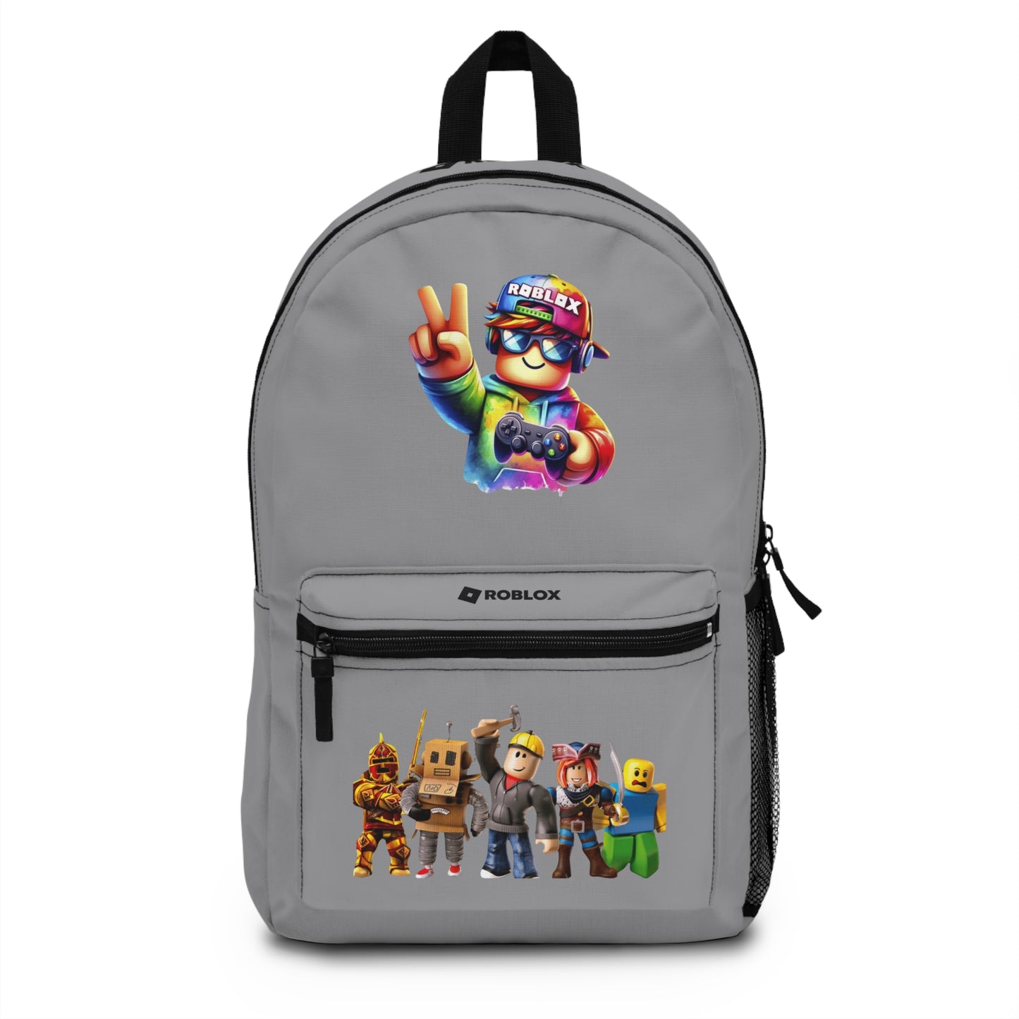 Front view of grey personalized Roblox backpack with gamer design at dobermenpremier.com