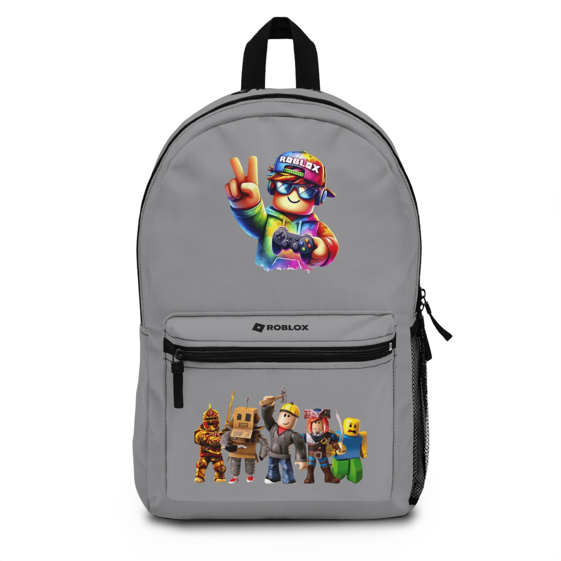 Front view of grey personalized Roblox backpack with gamer design at dobermenpremier.com
