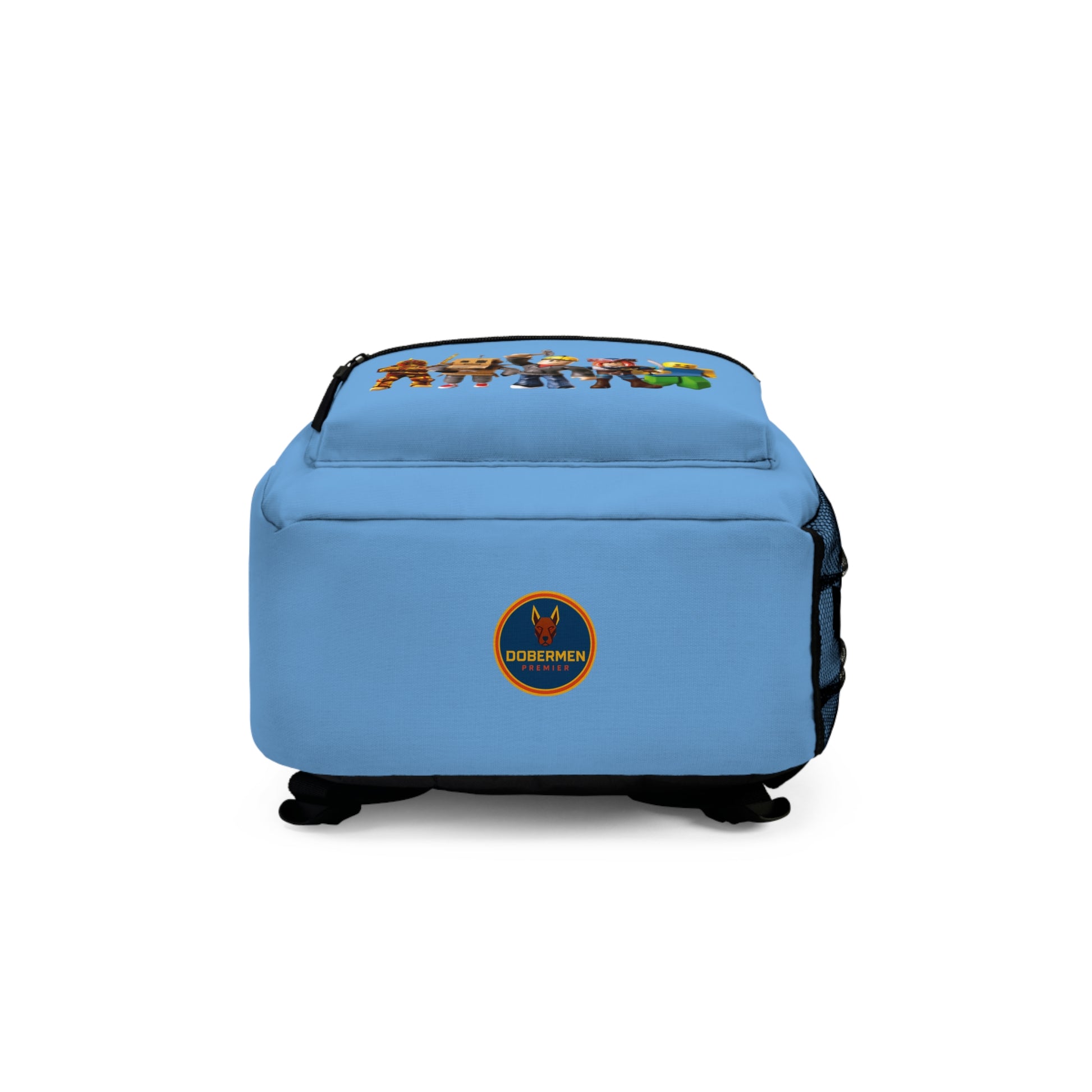 Bottom view of light blue Roblox backpack with Dobermen Premier logo at dobermenpremier.com