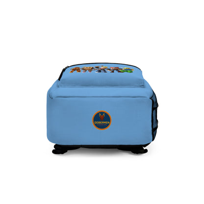Bottom view of light blue Roblox backpack with Dobermen Premier logo at dobermenpremier.com