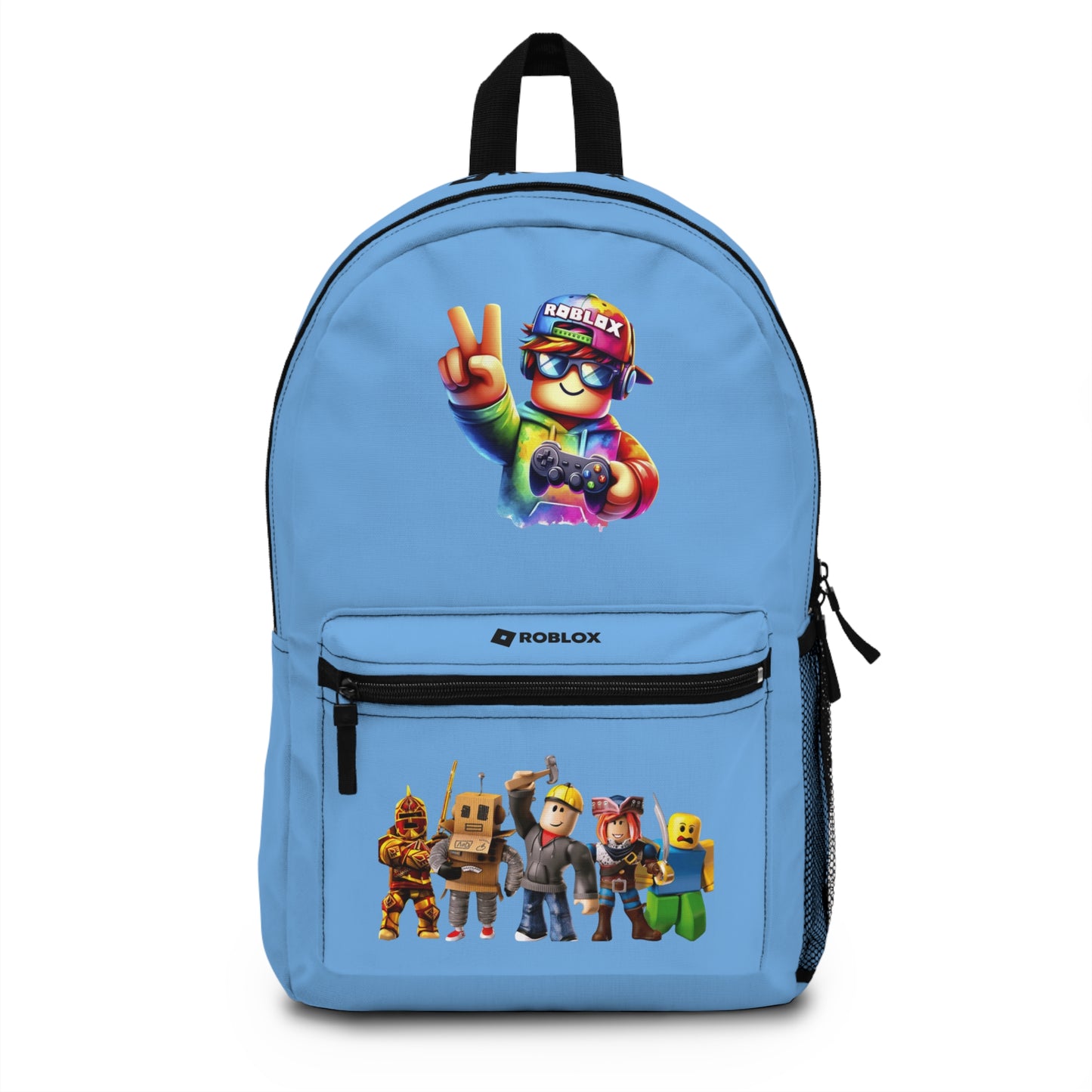 Front view of light blue personalized Roblox backpack with gamer design at dobermenpremier.com