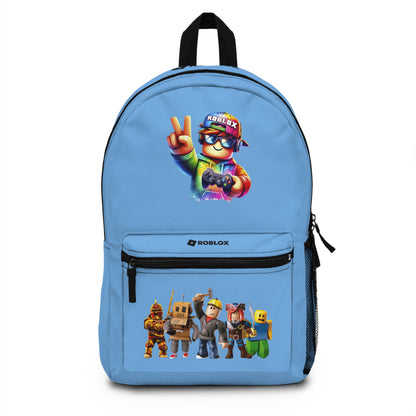 Front view of light blue personalized Roblox backpack with gamer design at dobermenpremier.com