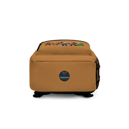 Bottom view of light brown Roblox backpack with Dobermen Premier logo at dobermenpremier.com