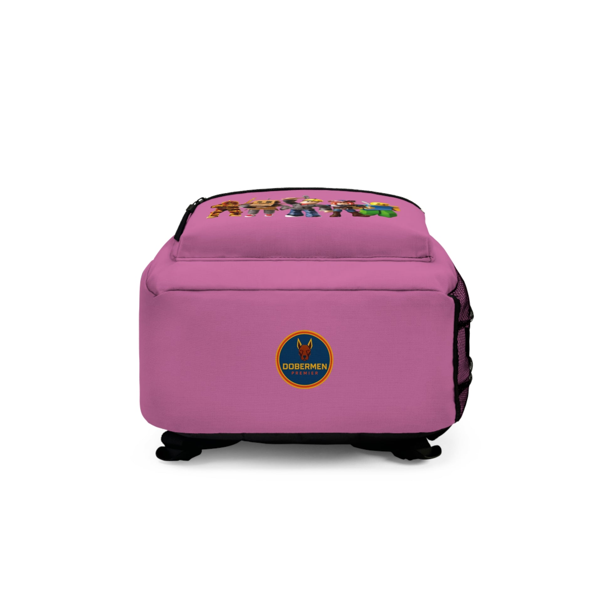 Bottom view of light pink Roblox backpack with Dobermen Premier logo at dobermenpremier.com