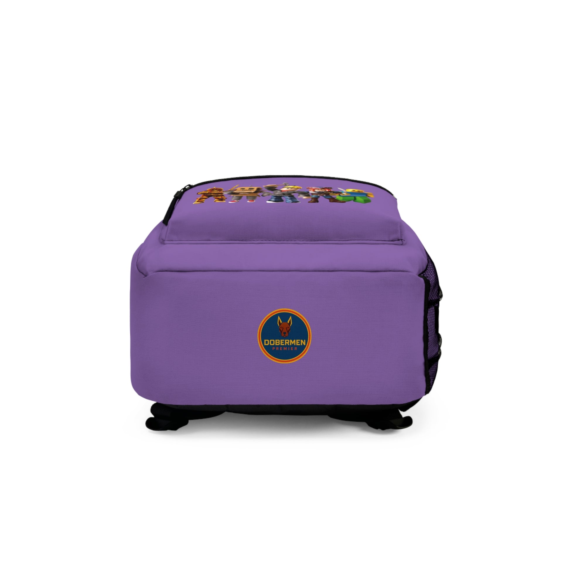 Bottom view of light purple Roblox backpack with Dobermen Premier logo at dobermenpremier.com