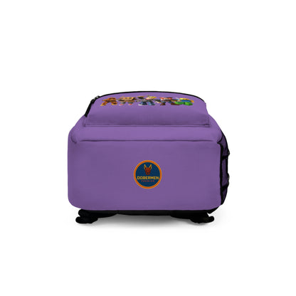 Bottom view of light purple Roblox backpack with Dobermen Premier logo at dobermenpremier.com