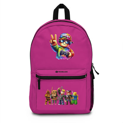 Front view of pink personalized Roblox backpack with gamer design at dobermenpremier.com