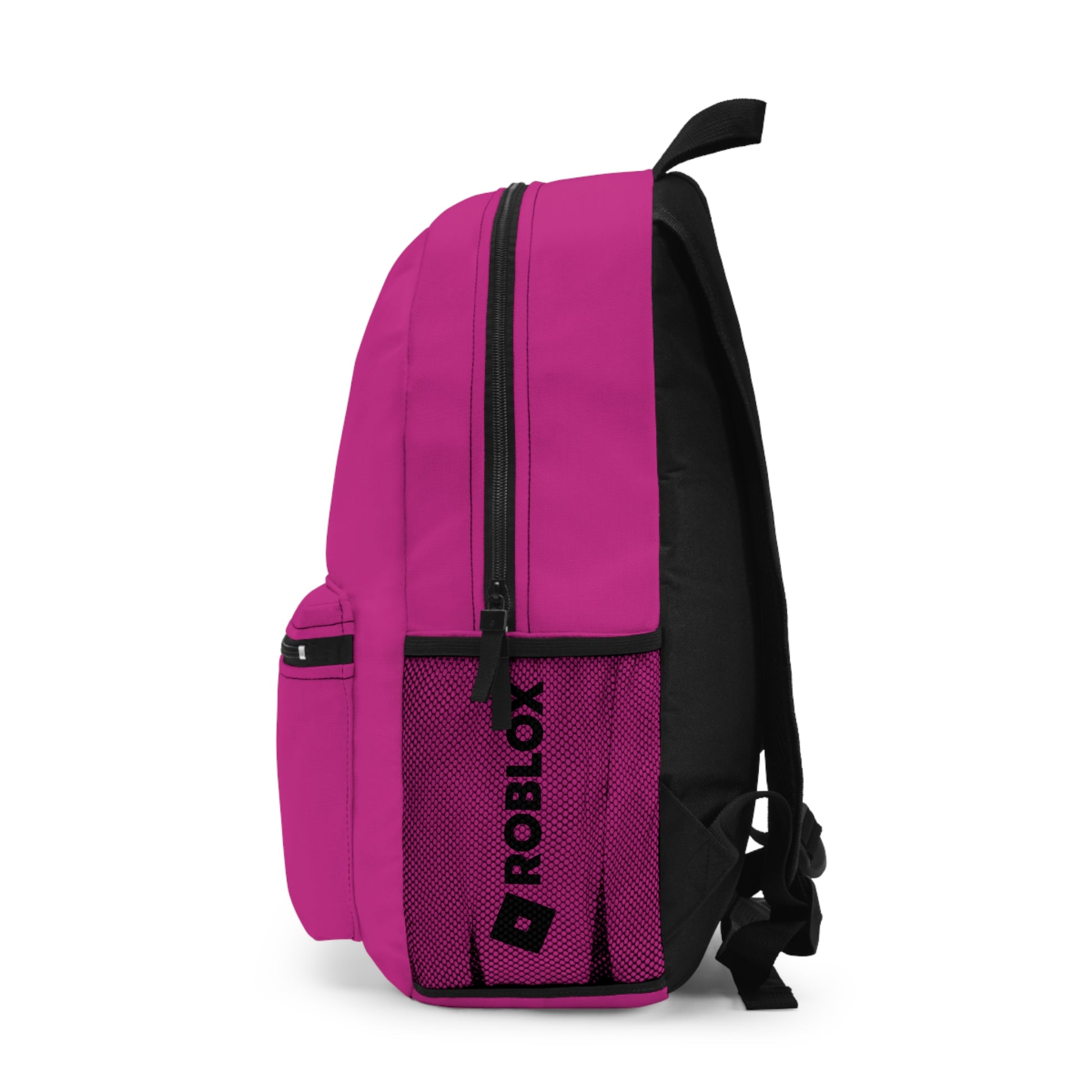 Side view of pink Roblox backpack showing mesh pocket and logo at dobermenpremier.com