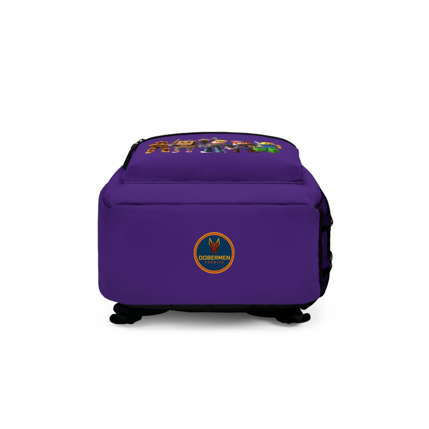 Bottom view of purple Roblox backpack with Dobermen Premier logo at dobermenpremier.com