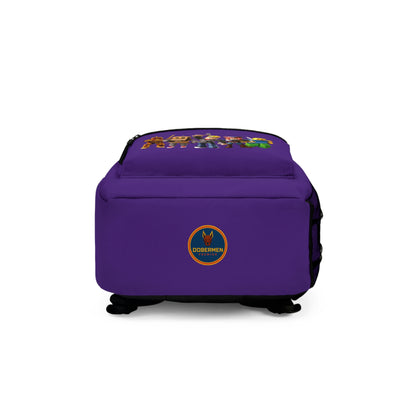 Bottom view of purple Roblox backpack with Dobermen Premier logo at dobermenpremier.com