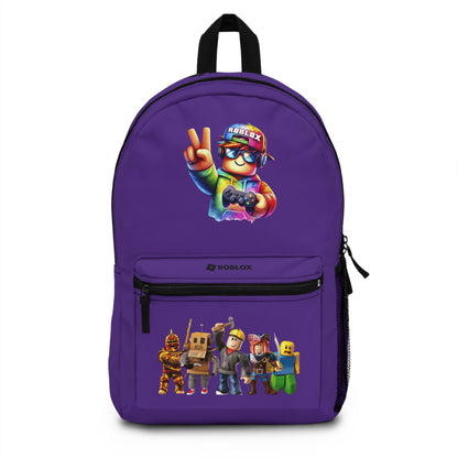 Front view of purple personalized Roblox backpack with gamer design at dobermenpremier.com