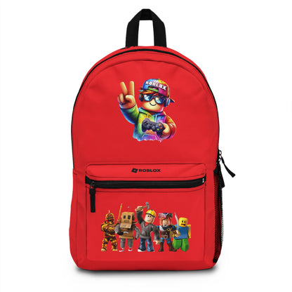 Front view of red personalized Roblox backpack with gamer design at dobermenpremier.com