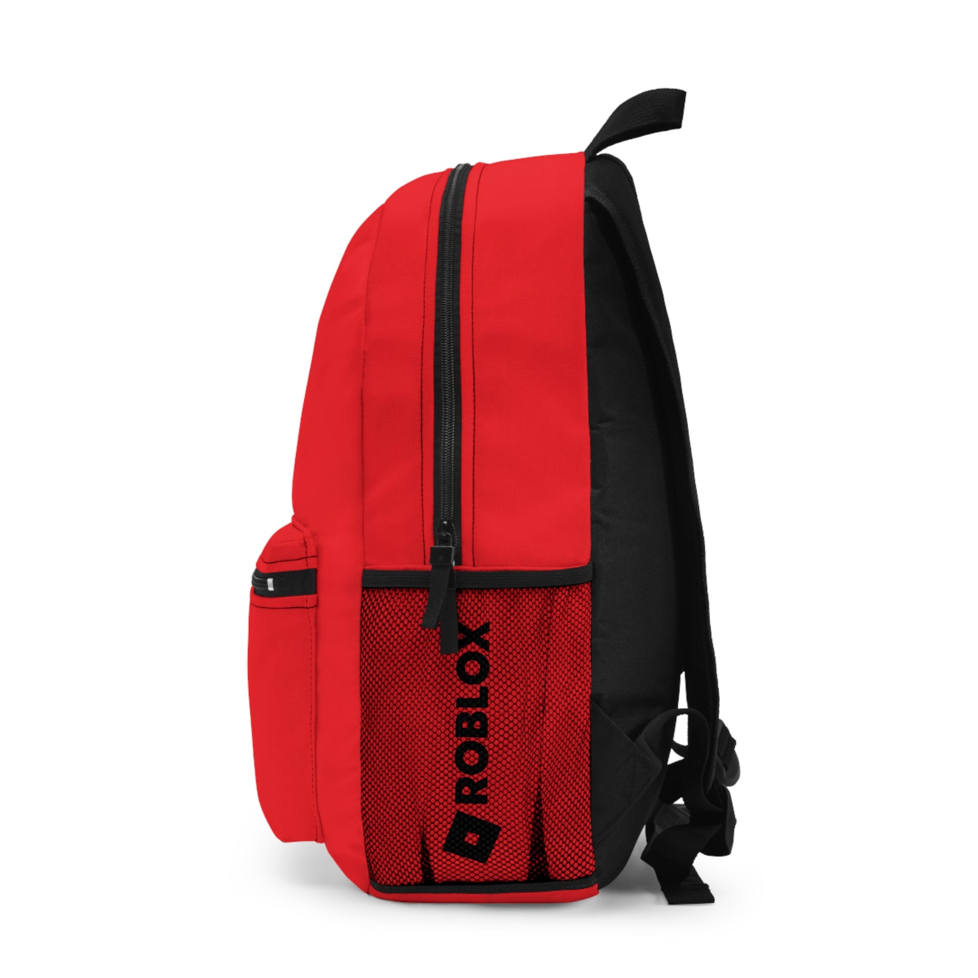 Side view of red Roblox backpack showing mesh pocket and logo at dobermenpremier.com