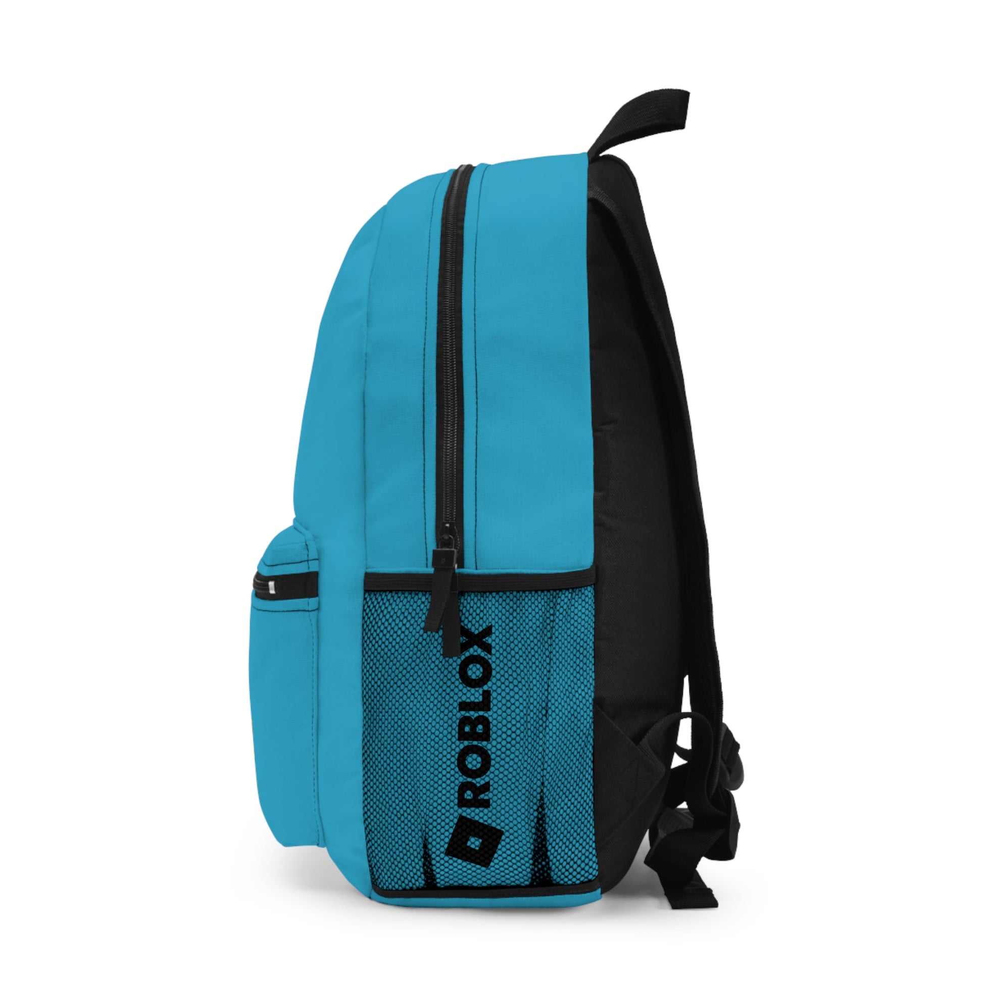 Side view of turquoise Roblox backpack showing mesh pocket and logo at dobermenpremier.com