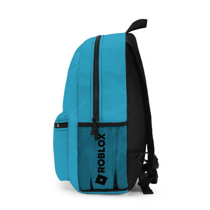 Side view of turquoise Roblox backpack showing mesh pocket and logo at dobermenpremier.com