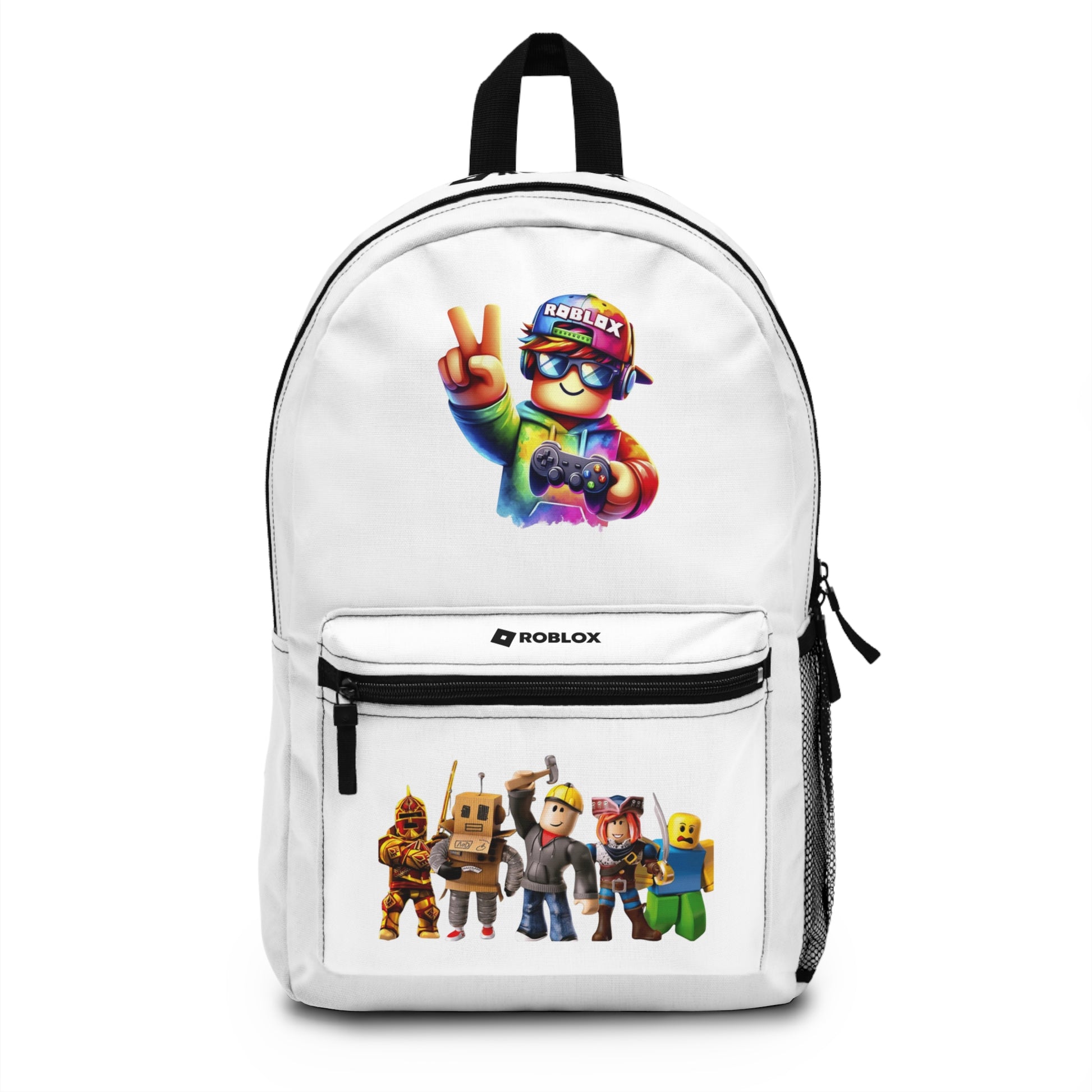 Front view of white personalized Roblox backpack with gamer design at dobermenpremier.com