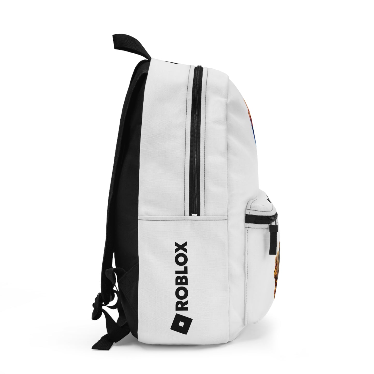 Side view of white Roblox backpack showing clean profile and shoulder strap at dobermenpremier.com
