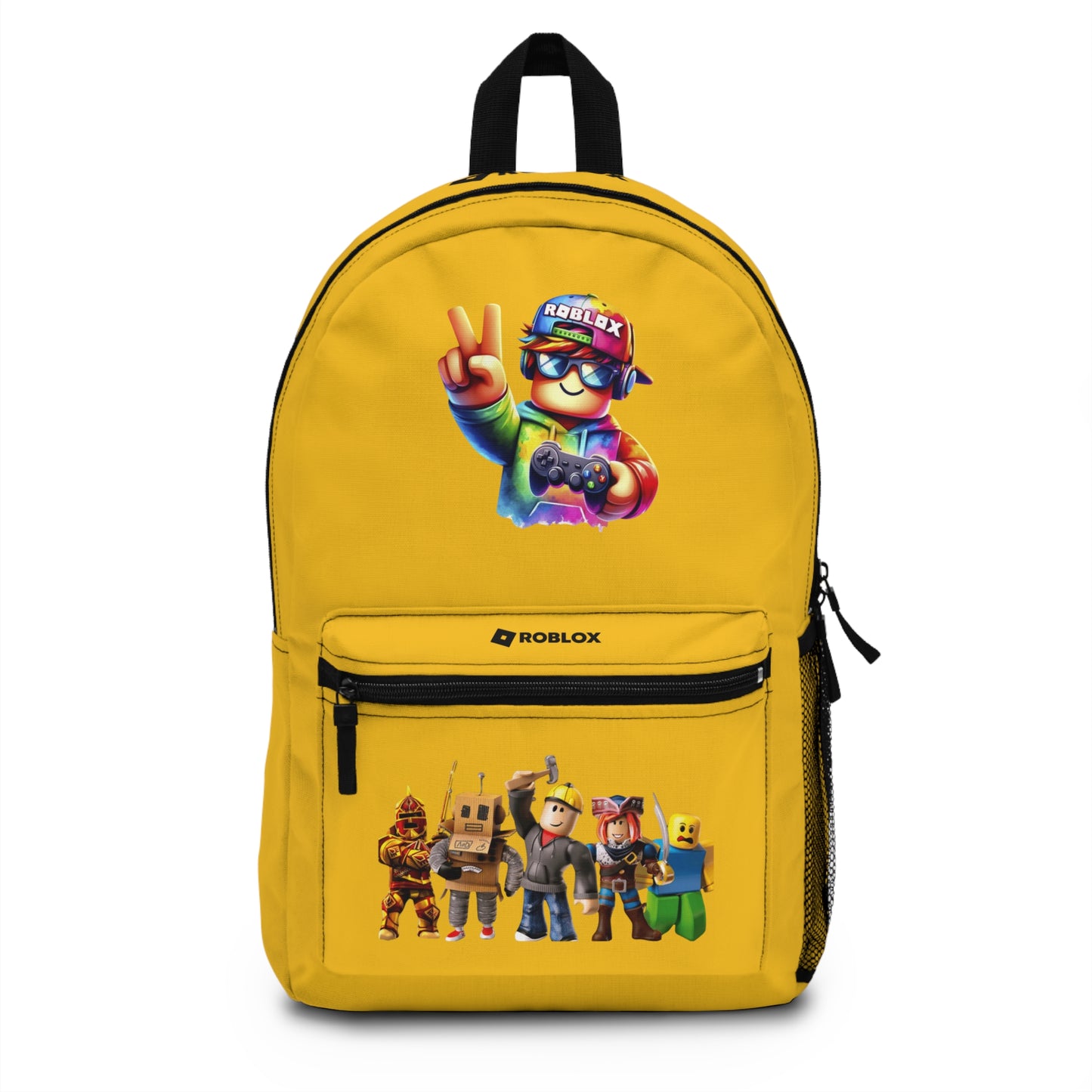 Front view of yellow personalized Roblox backpack with gamer design at dobermenpremier.com
