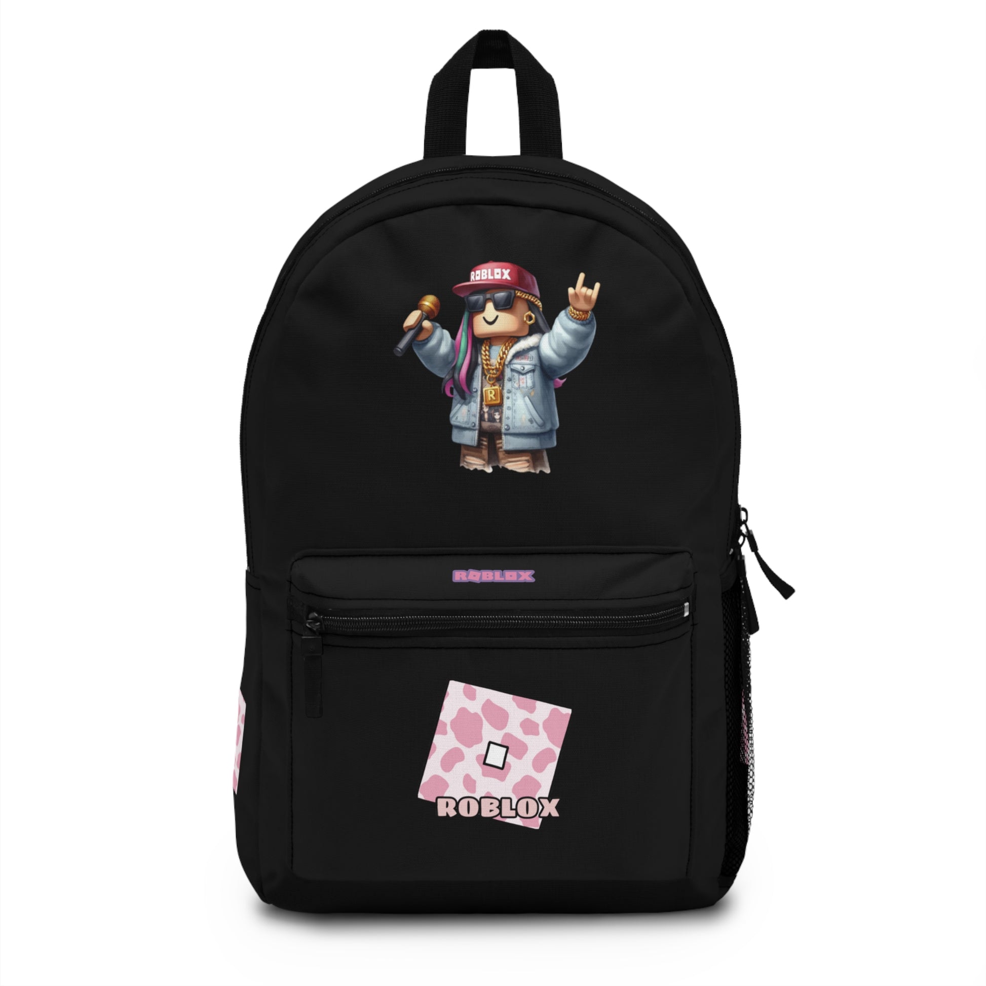 Front view of black personalized Roblox girls school bag with gamer design at dobermenpremier.com