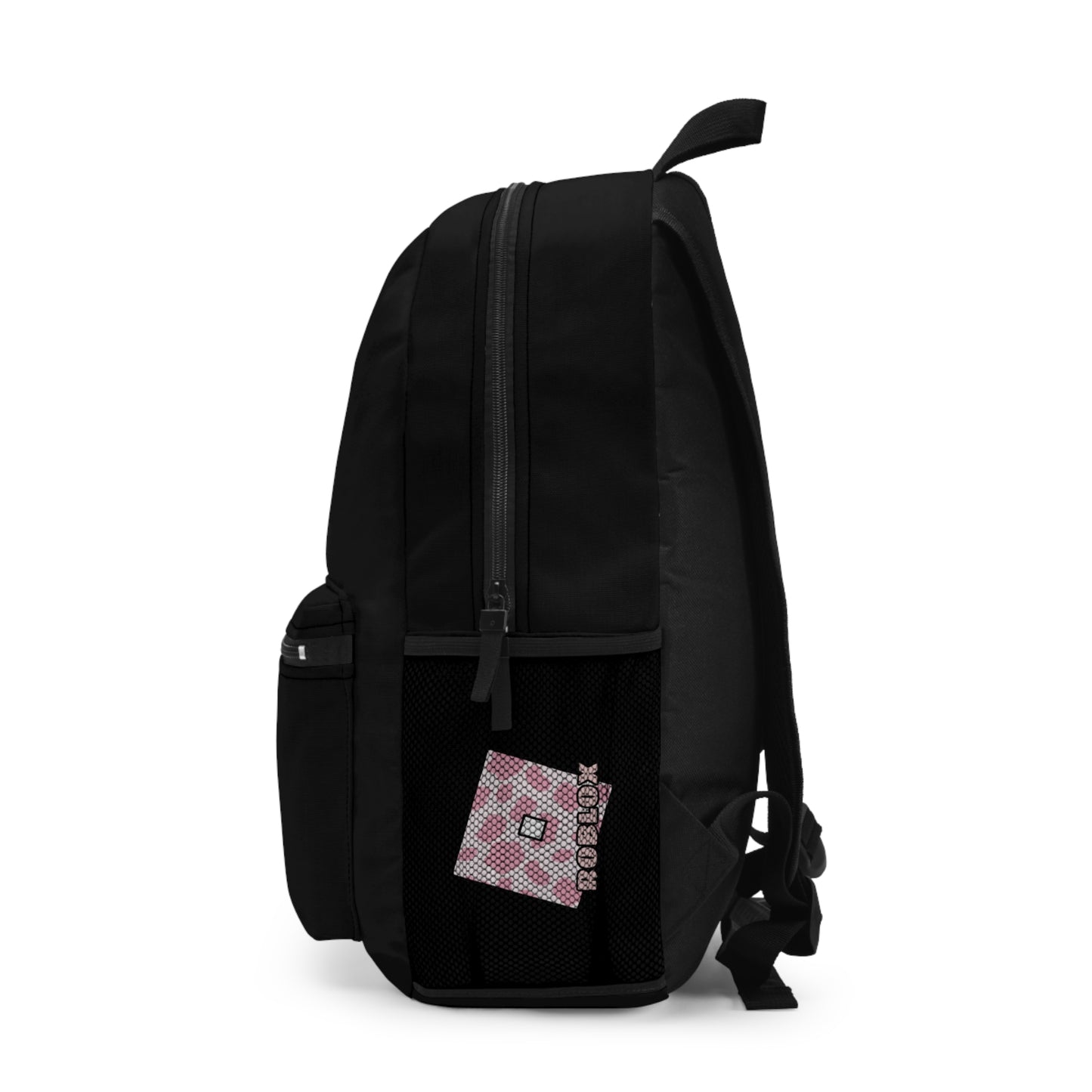 Side view of black Roblox girls school bag showing mesh pocket and logo at dobermenpremier.com