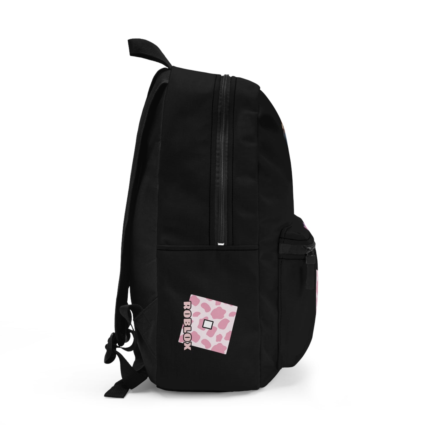 Side view of black Roblox girls backpack showing clean profile and shoulder strap at dobermenpremier.com