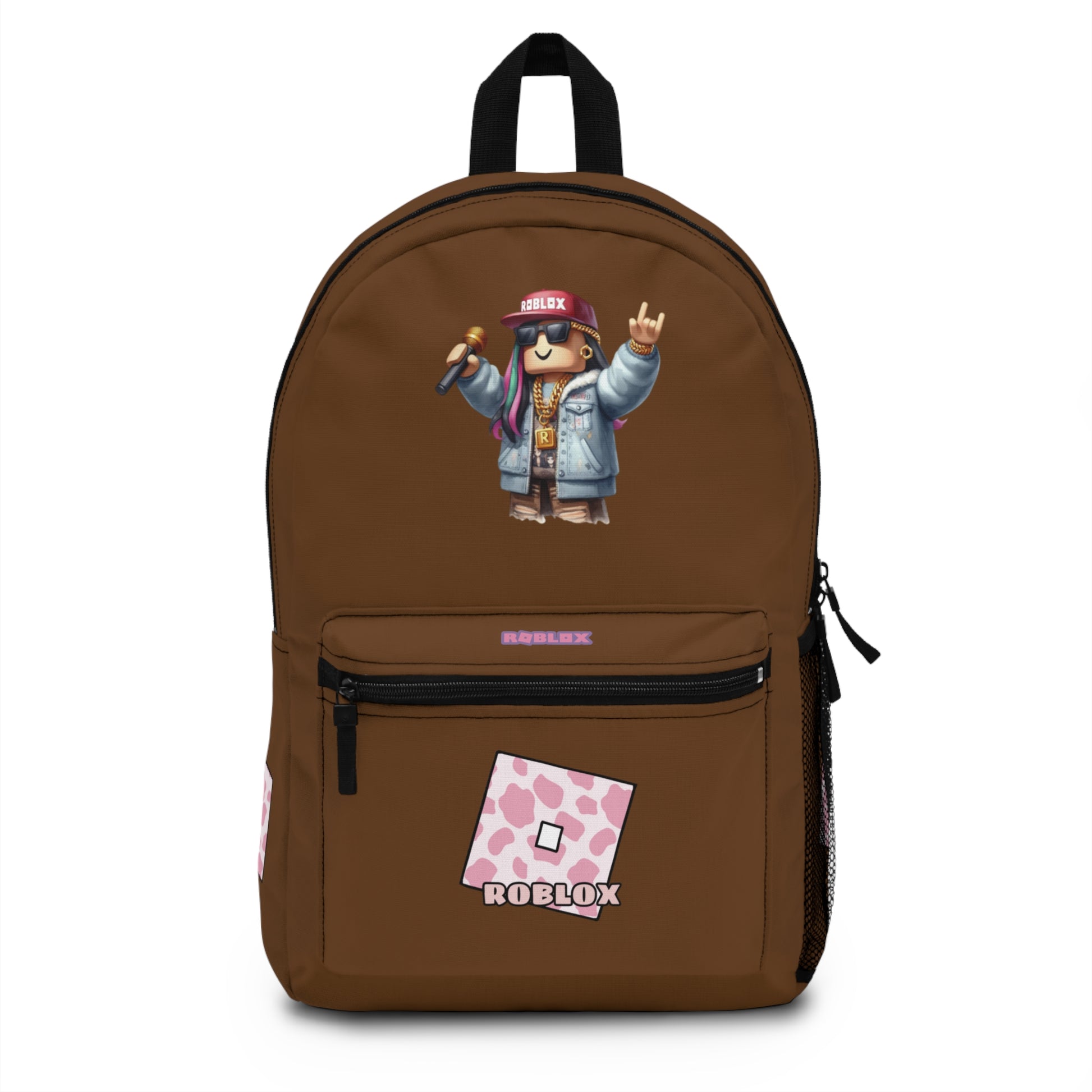 Front view of brown personalized Roblox girls school bag with gamer design at dobermenpremier.com